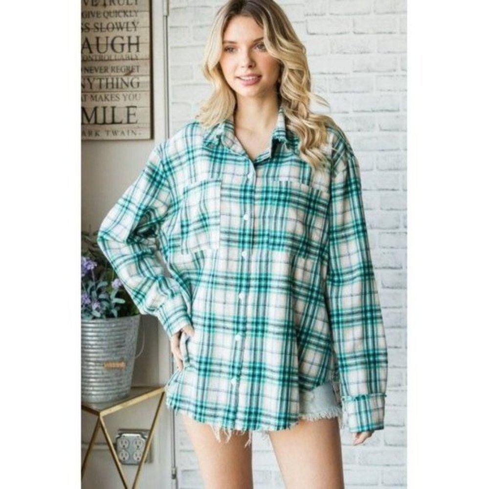 VEVERET Plaid Button Down Long Sleeve Raw Hem Shacket Shirt S.M.L NWT - Picture 2 of 16